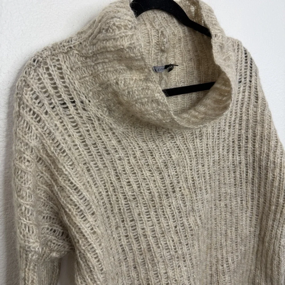Eileen Fisher Open Knit‎ Mohair Turtleneck Mock Neck Hi Low Oatmeal Sweater Sz L